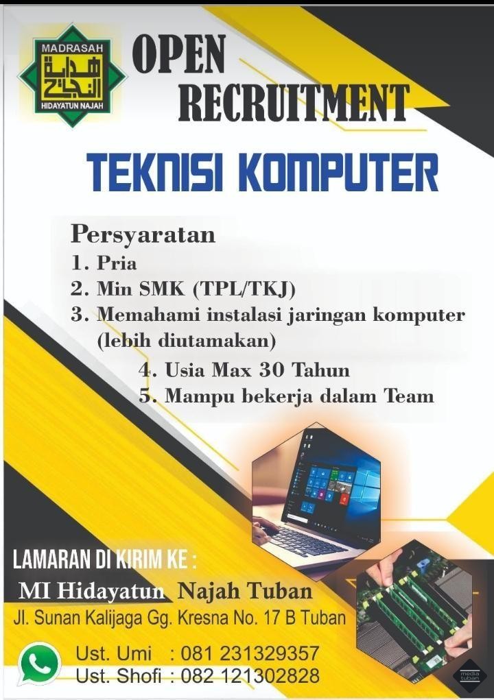 Open recruitment teknisi komputer MI Hidayatun Najah Tuban