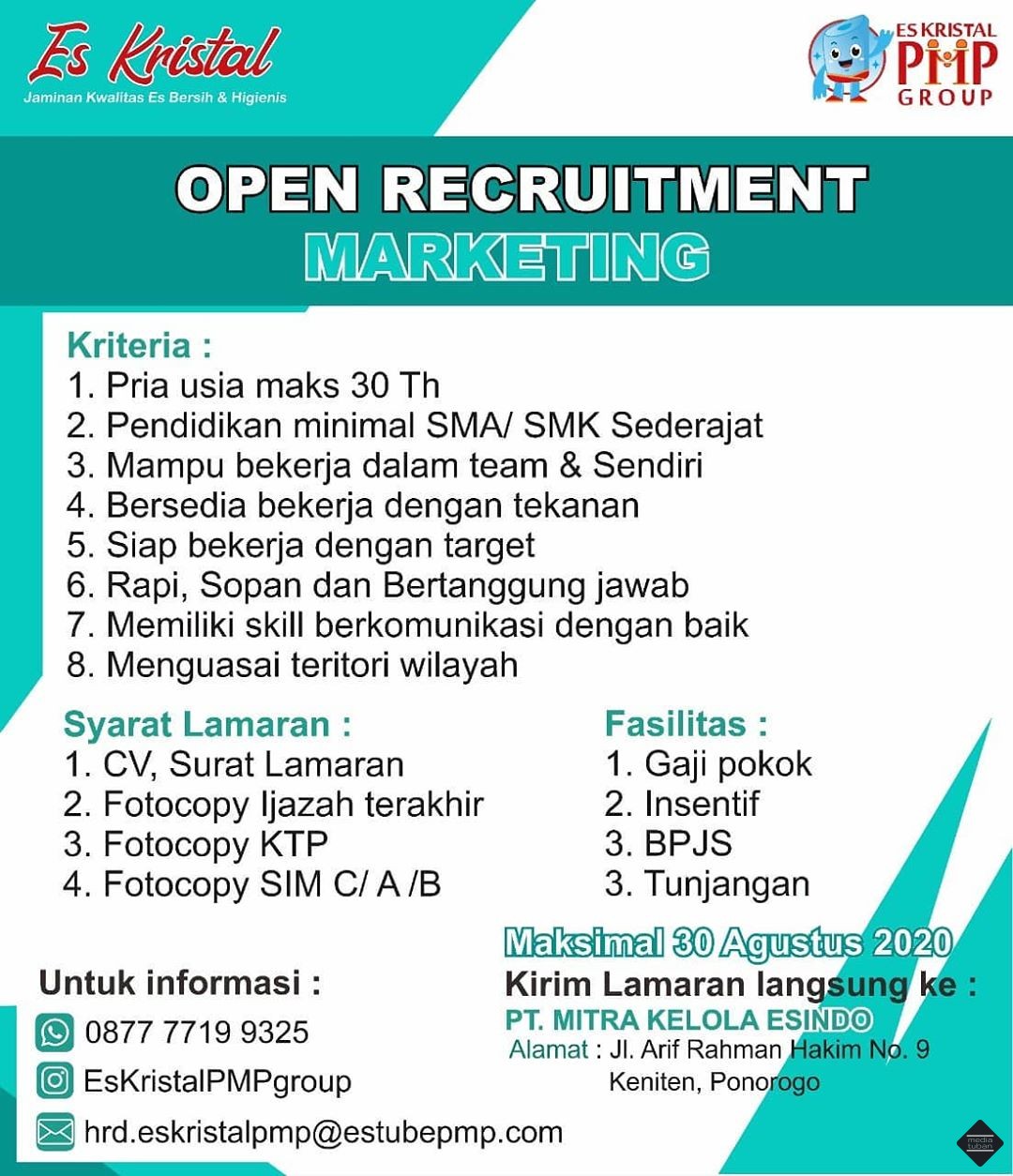 Lowongan Pekerjaan Staff Operasional Es Kristal PMP Tuban