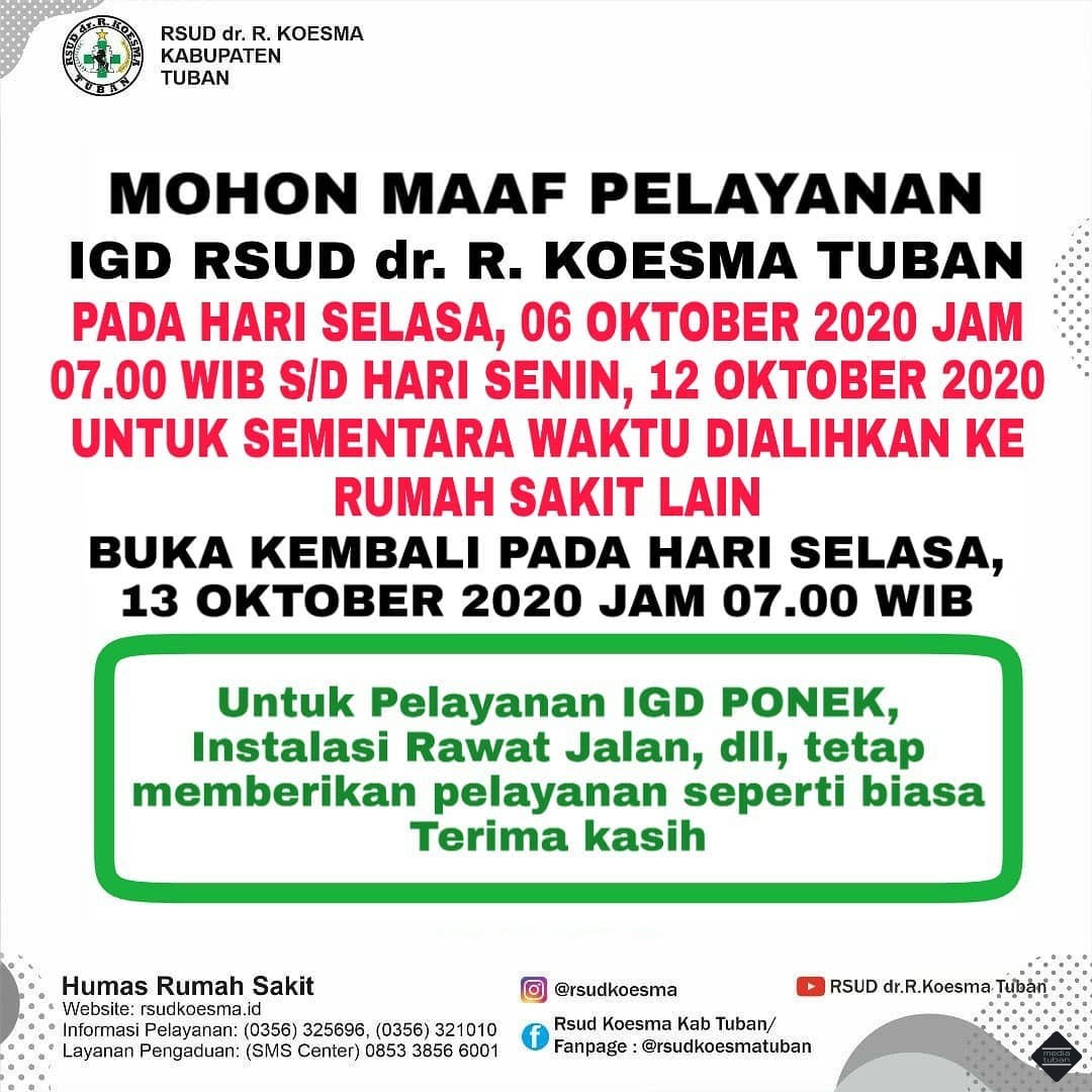 PEMBERITAHUAN Pengalihan Pelayanan IGD RUSD dr. R. KOESMA TUBAN
