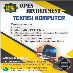 Open recruitment teknisi komputer MI Hidayatun Najah Tuban
